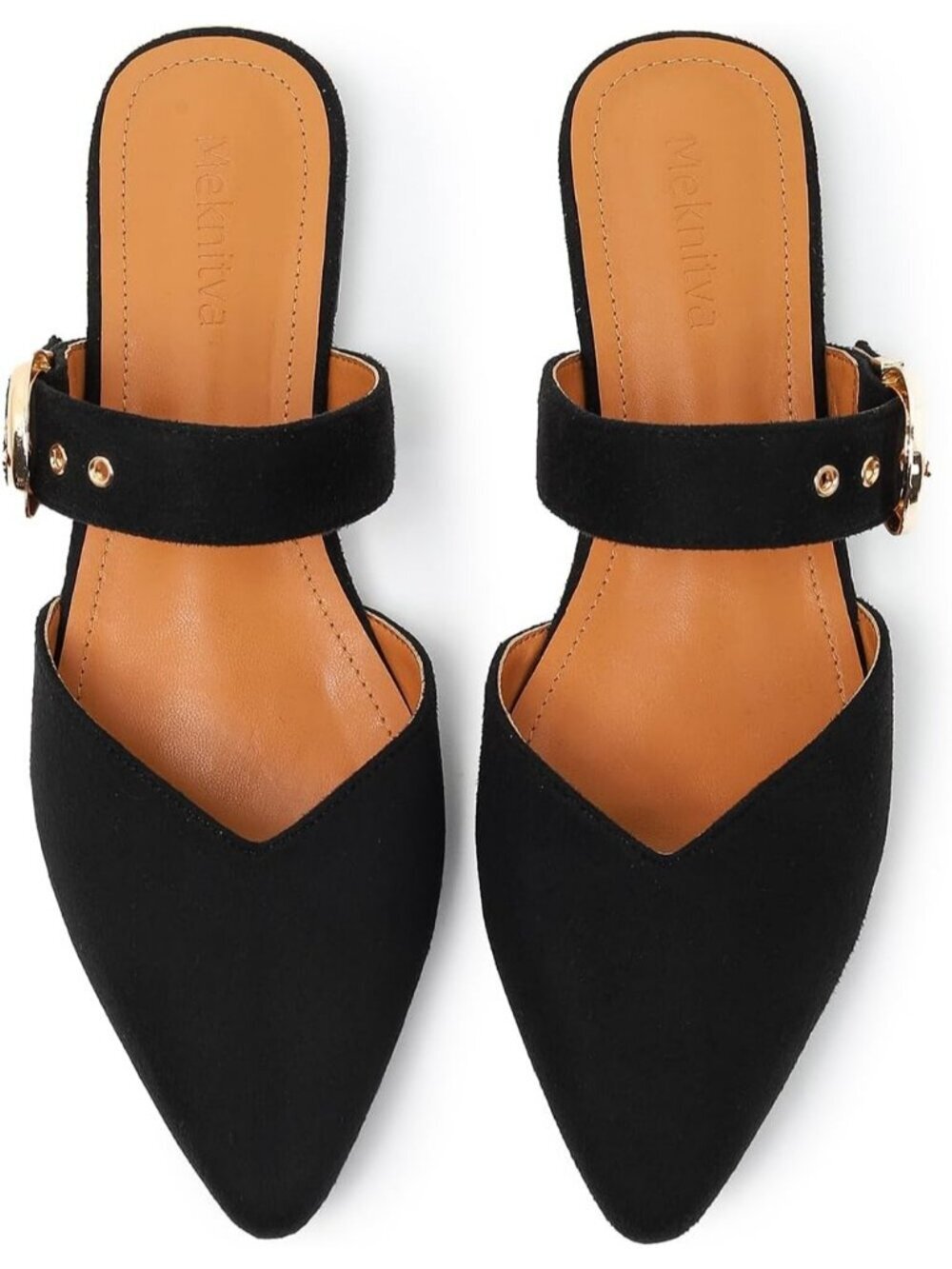 Women's Black Pointed Toe Mules Adjustable Strap Synthetic Suede Slip On Shoes